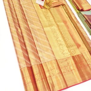 Unique Design Pure Kanjivaram Silk Saree Orange Color w/ Blouse