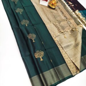 Tree Design Pure Soft Silk Saree Bottle Green Color w/ Blouse