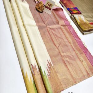 Unique Temple Pure Kanjivaram Silk Saree Cream Color w/ Blouse