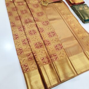 High Fancy Kanjivaram Silk Saree Gold Color w/ Blouse