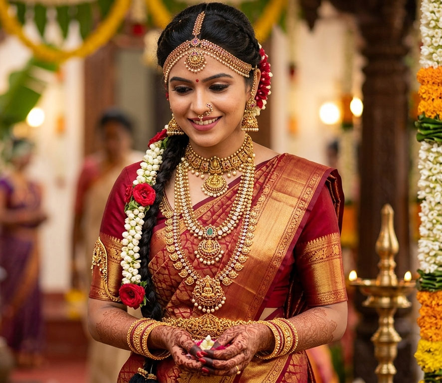 Jewellery styling with Kanchipuram saree